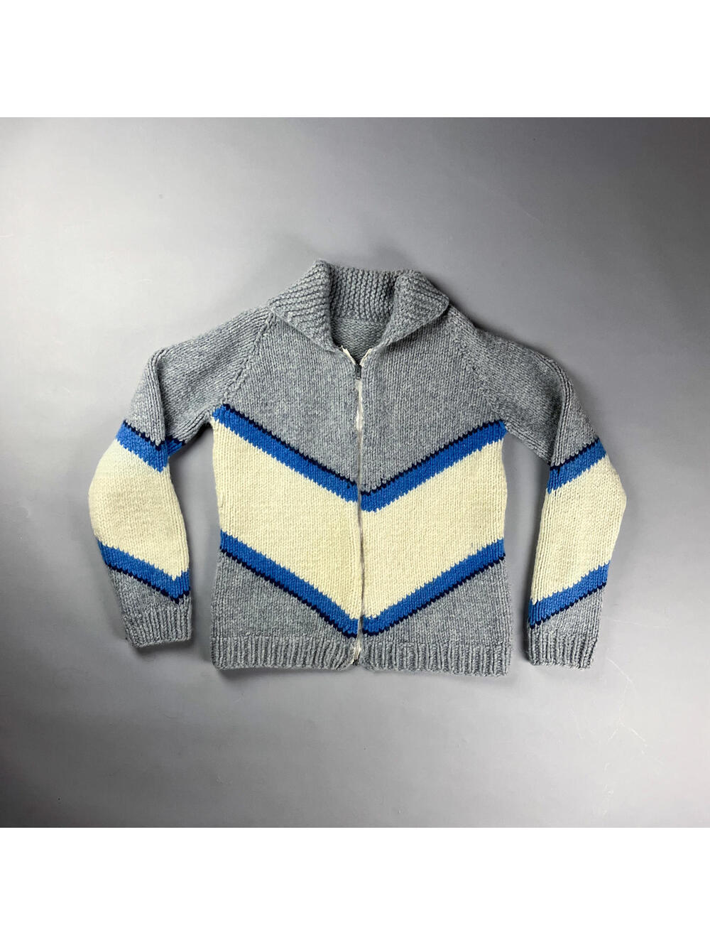 Vintage 40's 50's Grey Knit Cowichan Cardigan Sweater, Chevron Pattern